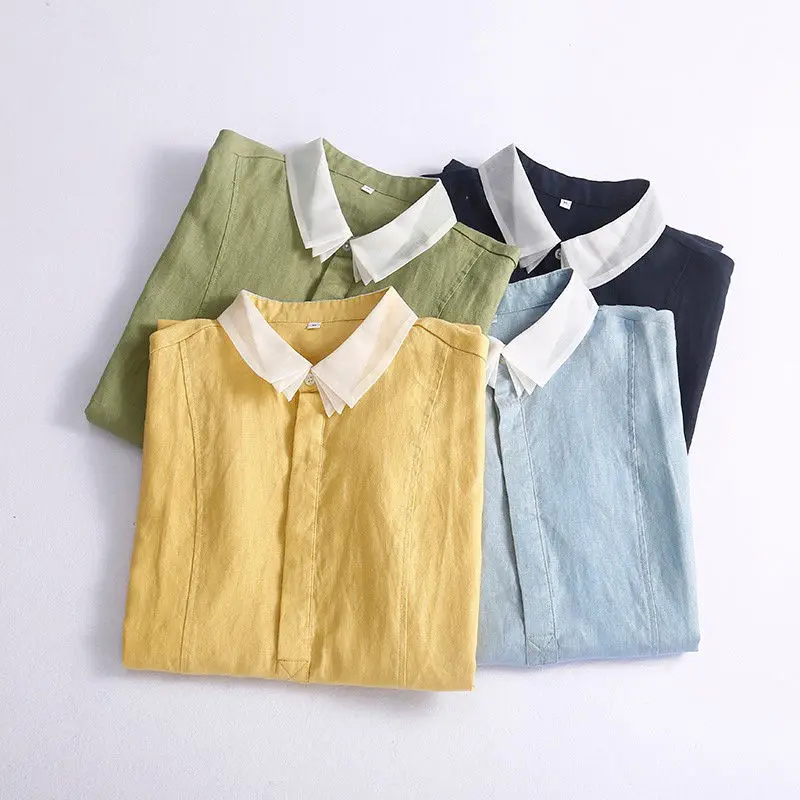 قميص بياقة أطفال على طراز الغابة فستان طويل من القطن والكتان بأكمام قصيرة