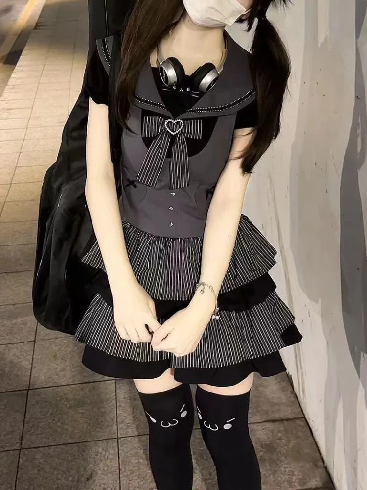 

Y2k Subculture Gothic Chic Outfit Women Cute TShirt Mini Skirt New Design Striped Sweet Retro 2025 Fashion Summer American Suit