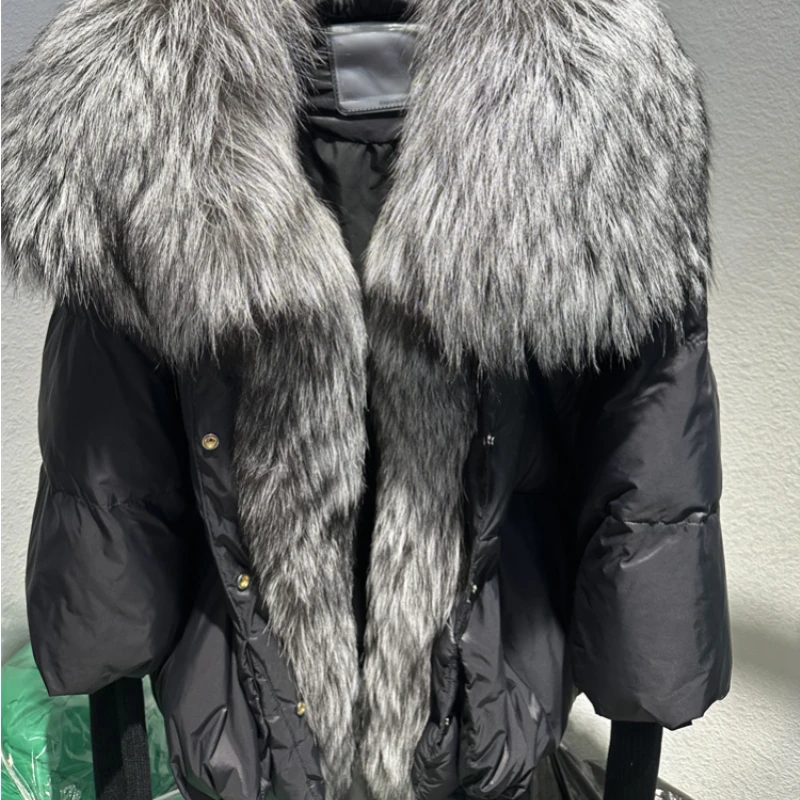 MENINA BONITA 2023 Duck Down Jacket Winter Women Coat Super Large Real Silver Fox Fur Collar with Knit Sleeve Fashion Outerwear