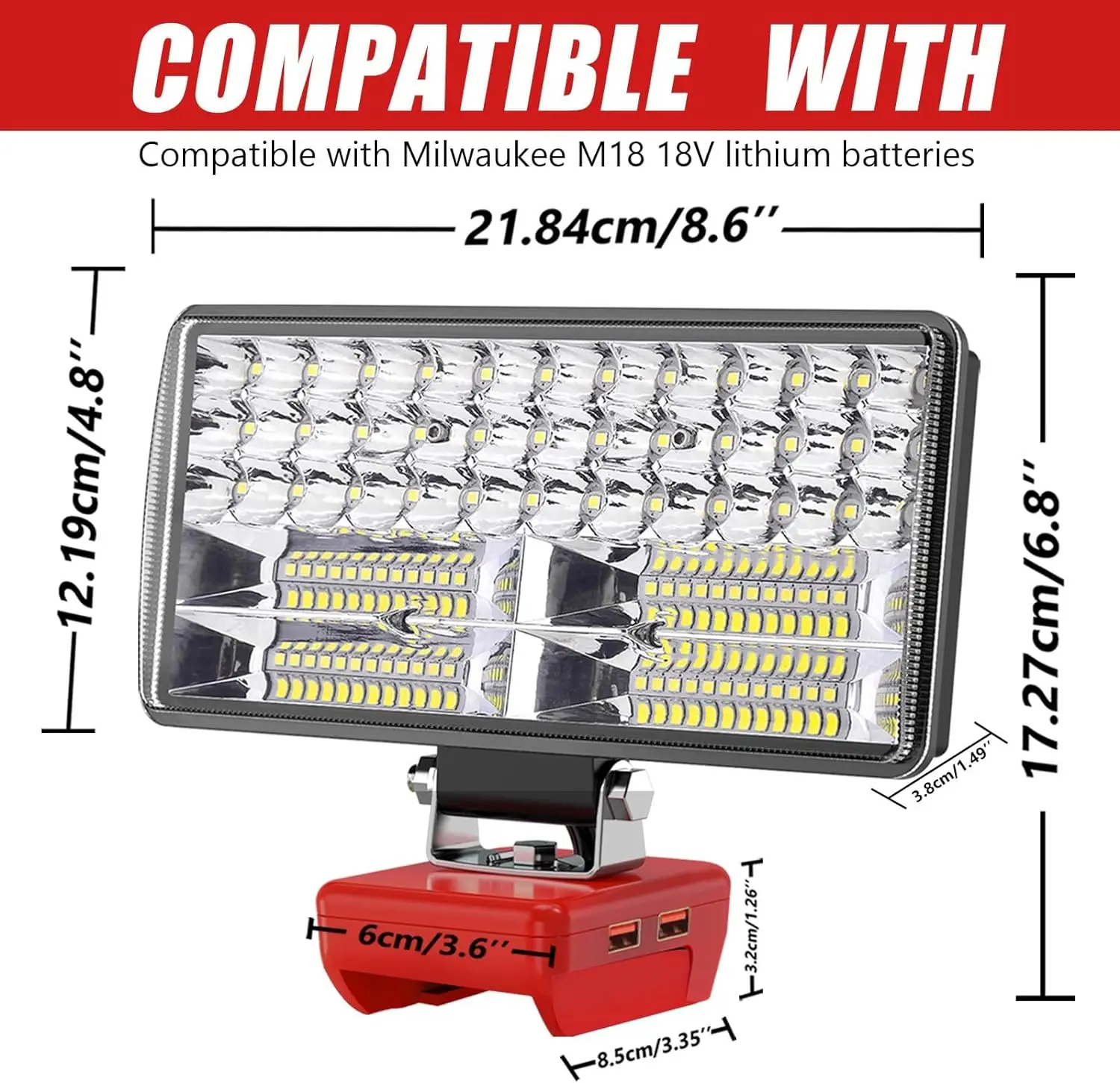 6000 LM 38W Cordless LED Work Light Compatible with Milwaukee 18V Battery 2.1A USB Portable Flashlight  Flood Light with 2 Modes