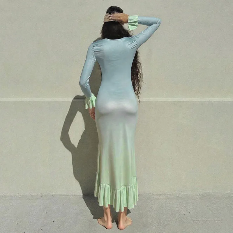 エレガントなグラデーションVネックフレアスリーブ重ねフリルボディコンワンピース レディース 2025年秋 ホリデー イブニング セクシー パーティードレス