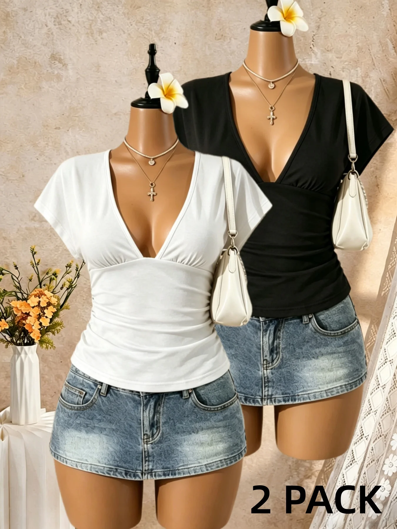 2 Pack Multi-color Women Deep V Neck Dolman Short Sleeve Side Ruched Slim Fit Cropped T Shirt 2026 Summer Y2K Solid Casual Stree