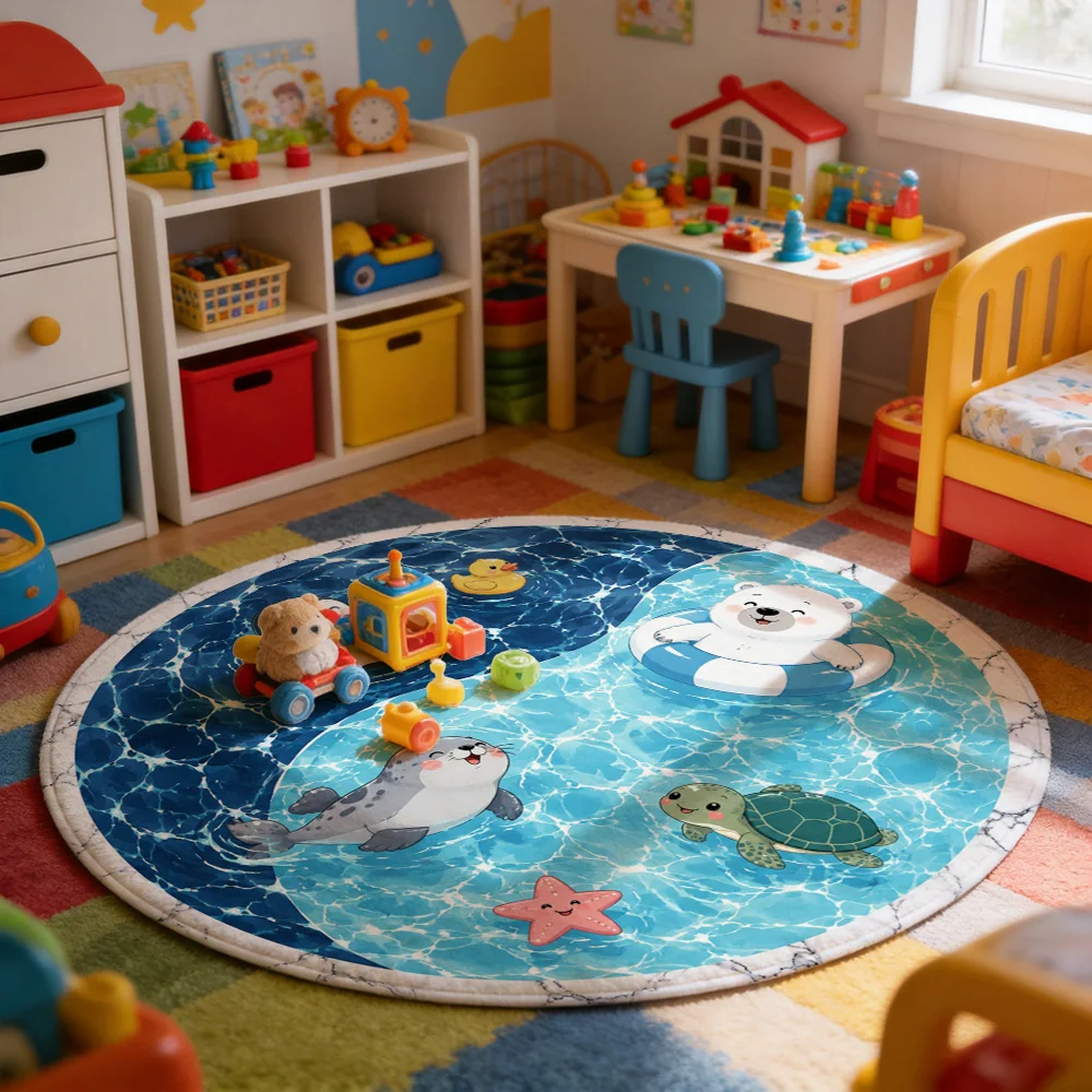 Cute Ocean Animal Play Mat for Kids Toddler Nursery Floor Rug Waterproof Cartoon Sea Life Mat