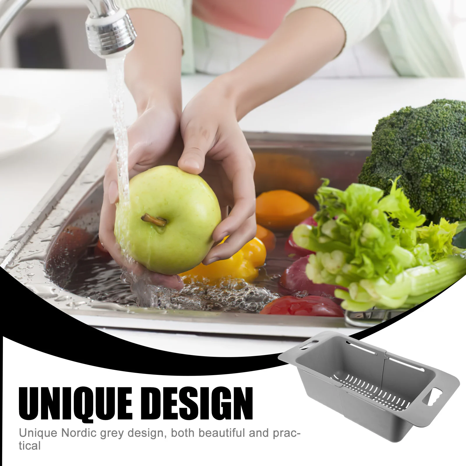 

Adjustable Sink Draining Basket For Vegetables Fruits Nordic Grey Plastic Kitchen Storage Rack Multifunctional Strainer
