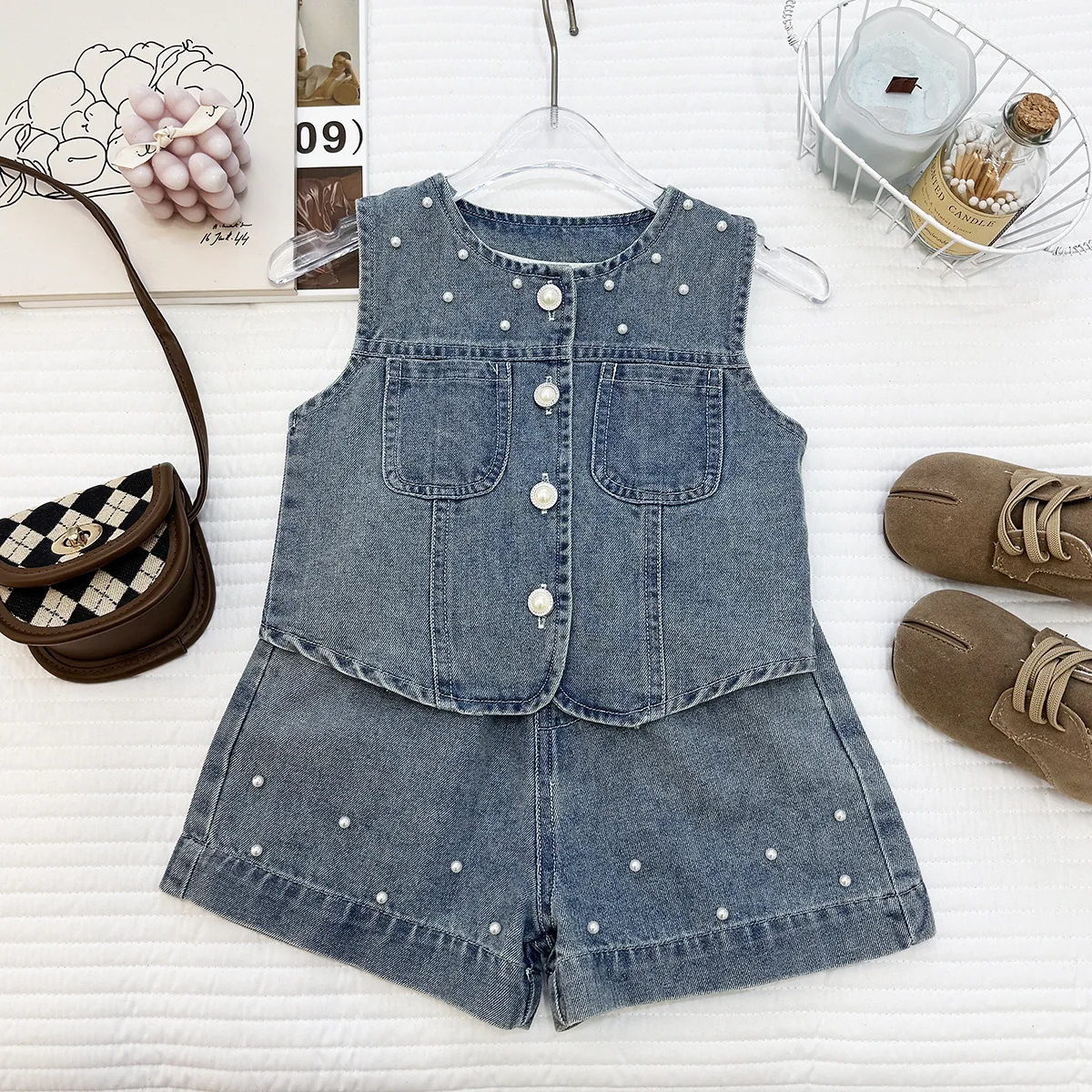 Summer Girls Denim Set New 2026 Retro Nail Beaded Tank Top Shorts Little Girls Casual Denim Two Piece Set