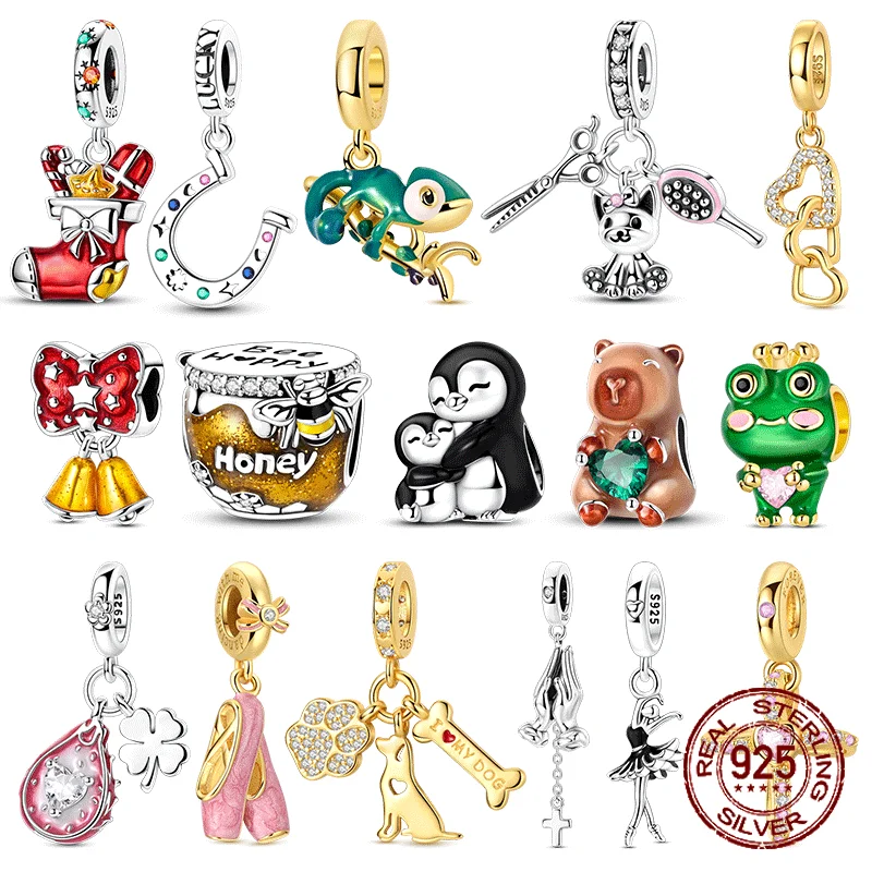 

Original 925 Sterling Silver Golden Pets Charms Bead Colorful Zirconium Honey Penguin Heart Dangle Fit Bracelet DIY Jewelry Gift
