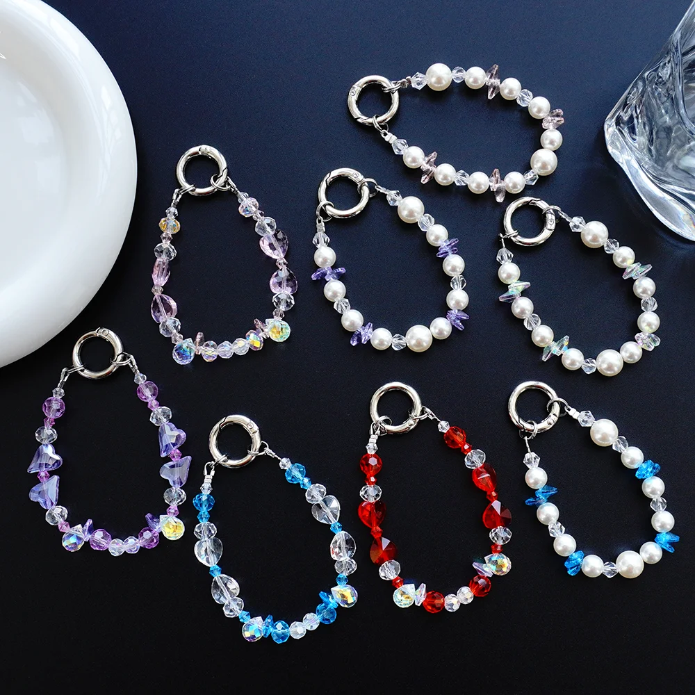 New Mini Ring-Style Simple High-End Glass Pearl Crystal Ufo Heart-Shaped Phone Bag Keychain