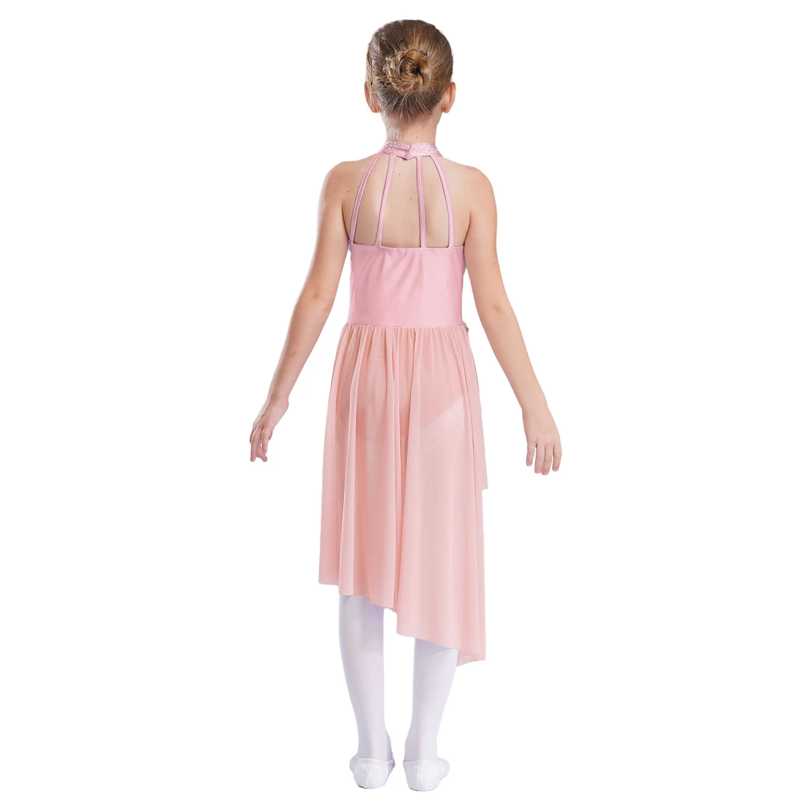 Kids Girls Ballet Lyrical Dance Dress Sparkly Rhinestones Figure Skating Modern Dance Costume Delicate Applique Dress Dancewear