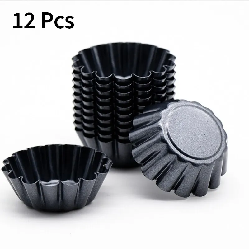 12pcs Non-stick Carbon Steel Mini Egg Tart Pans Reusable Cupcake Mold Flower Cup Cake Mold Muffin Baking Cup Mold