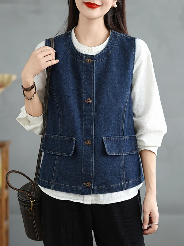 Gilet en Denim rétro pour femmes, vêtements d'extérieur d'automne, Design Sense, taille ort, Jaet, pour les déplacements, rond, fermeture à bouton unique
