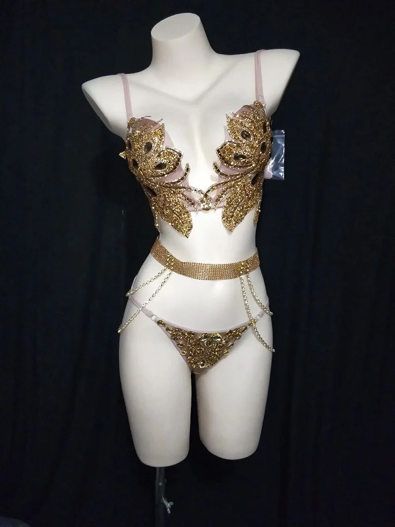 Diamond Bra Gold Black Silver Rhinestones Bikini Set DJ Nightclub Bar Sexy Performance Costume Women Stage Wear Pole Dancing