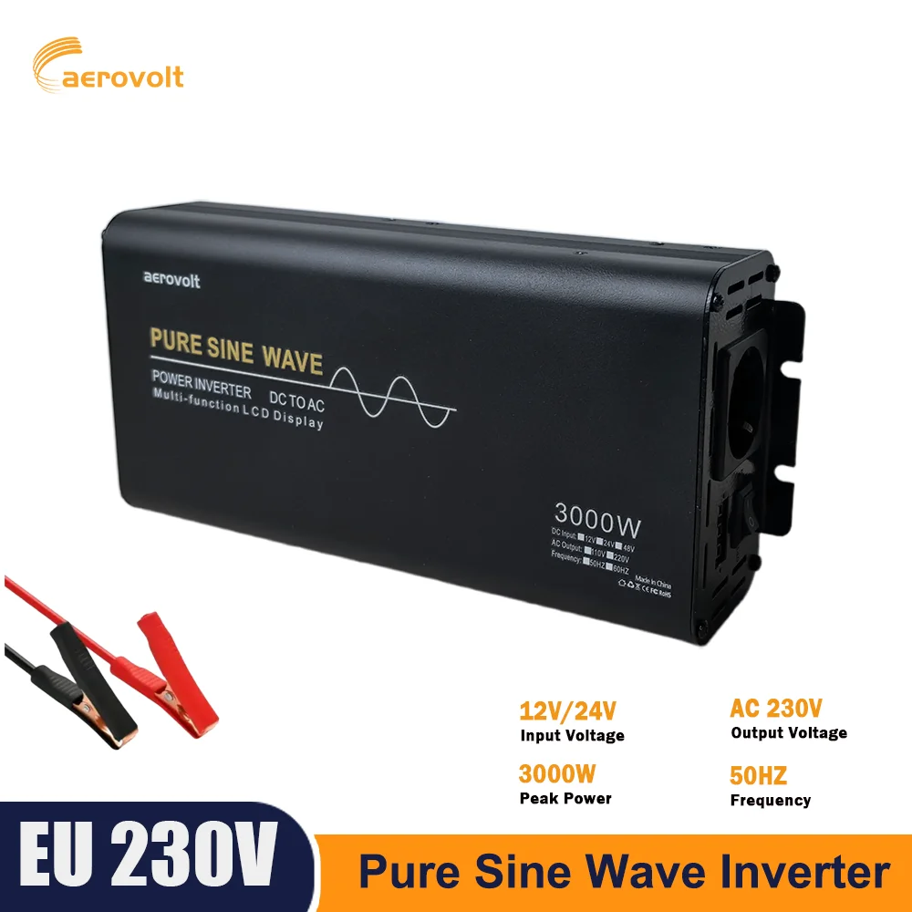 Inversor de Corriente de Onda Sinusoidal Pura de 3000W (Pico) 1000W, de CC 12V 24V 48V a CA 220V 230V 50Hz, con Enfriamiento Inteligente y Enchufe Europeo