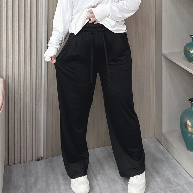 Loose Thin Straight Pants Women Summer New Plus Size Casual High Waist Cool Ice Silk Wide Leg Pants