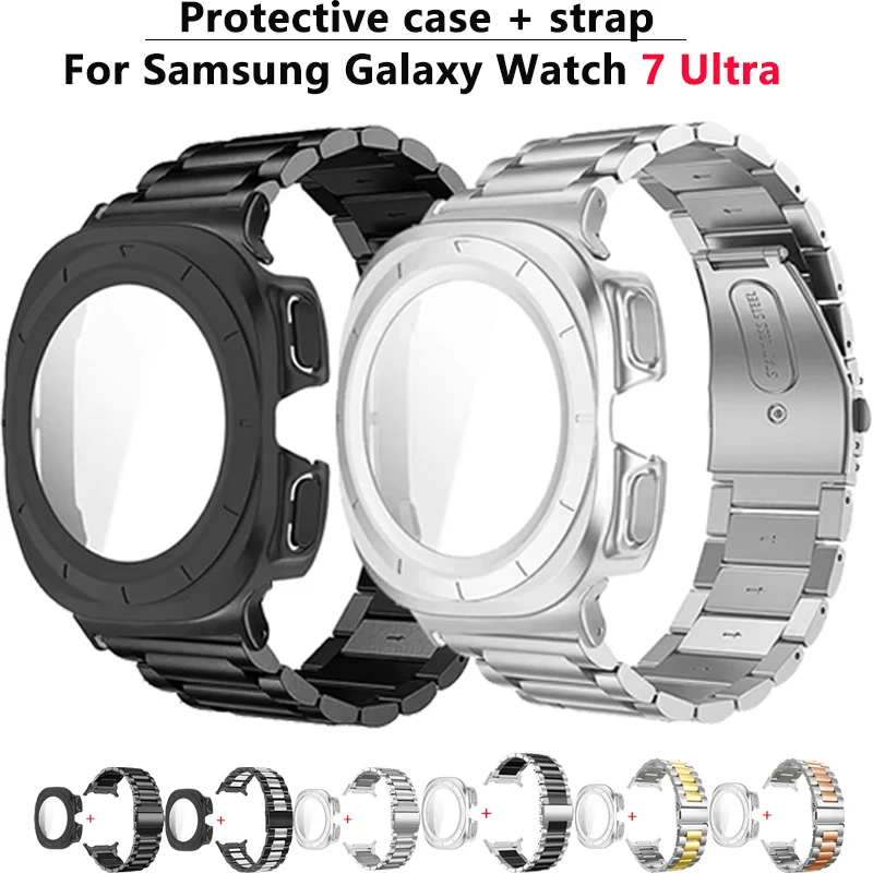 PC-Abdeckung + gehärtete Glasfolie für Samsung Galaxy Watch 7 Ultra 47 mm Edelstahlarmband Galaxy Watch Ultra 47 mm Shell-Rahmen