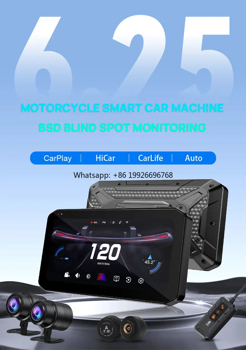 

6.25" Carplay Moto Wireless Carplay Screen with 2HD camers Motorcycle DVR Two Tire Pressure Sensor TMPS and Motor BSD GPS Track