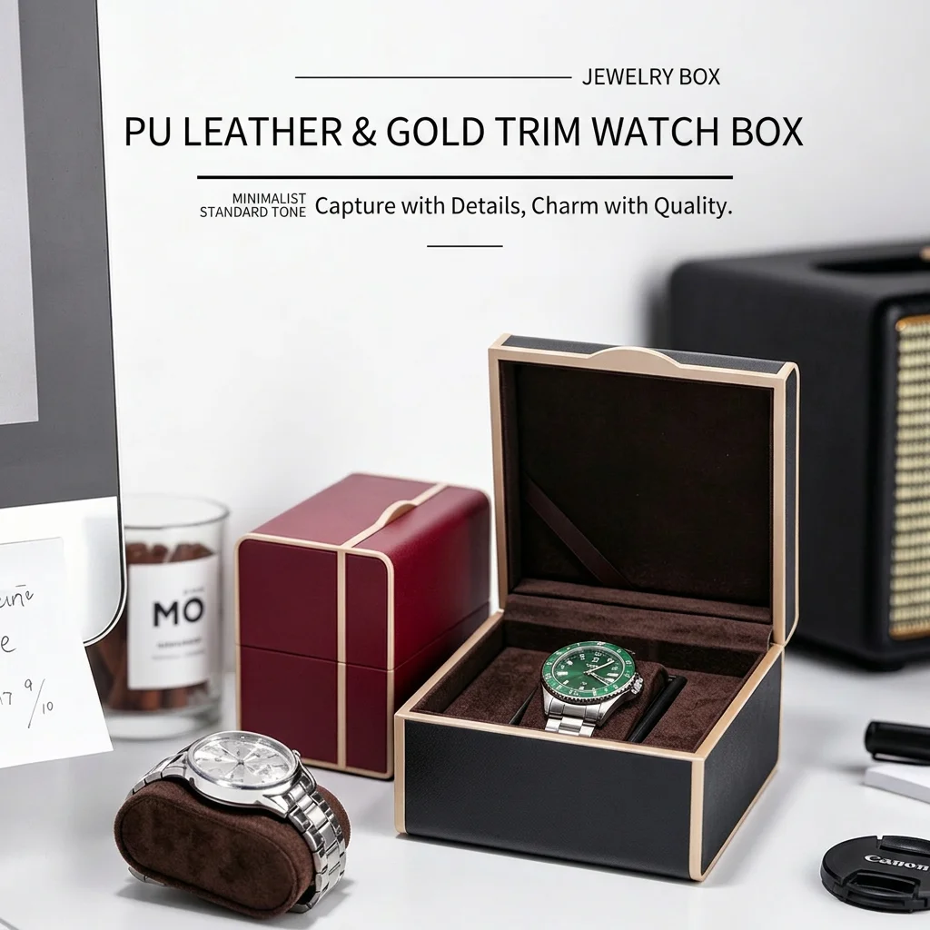 

Gold Trim Jewelry Box Sturdy Flip Top Watch Case Pu Leather Watch Box Elegant Single Slot Storage Box For Desktop Display