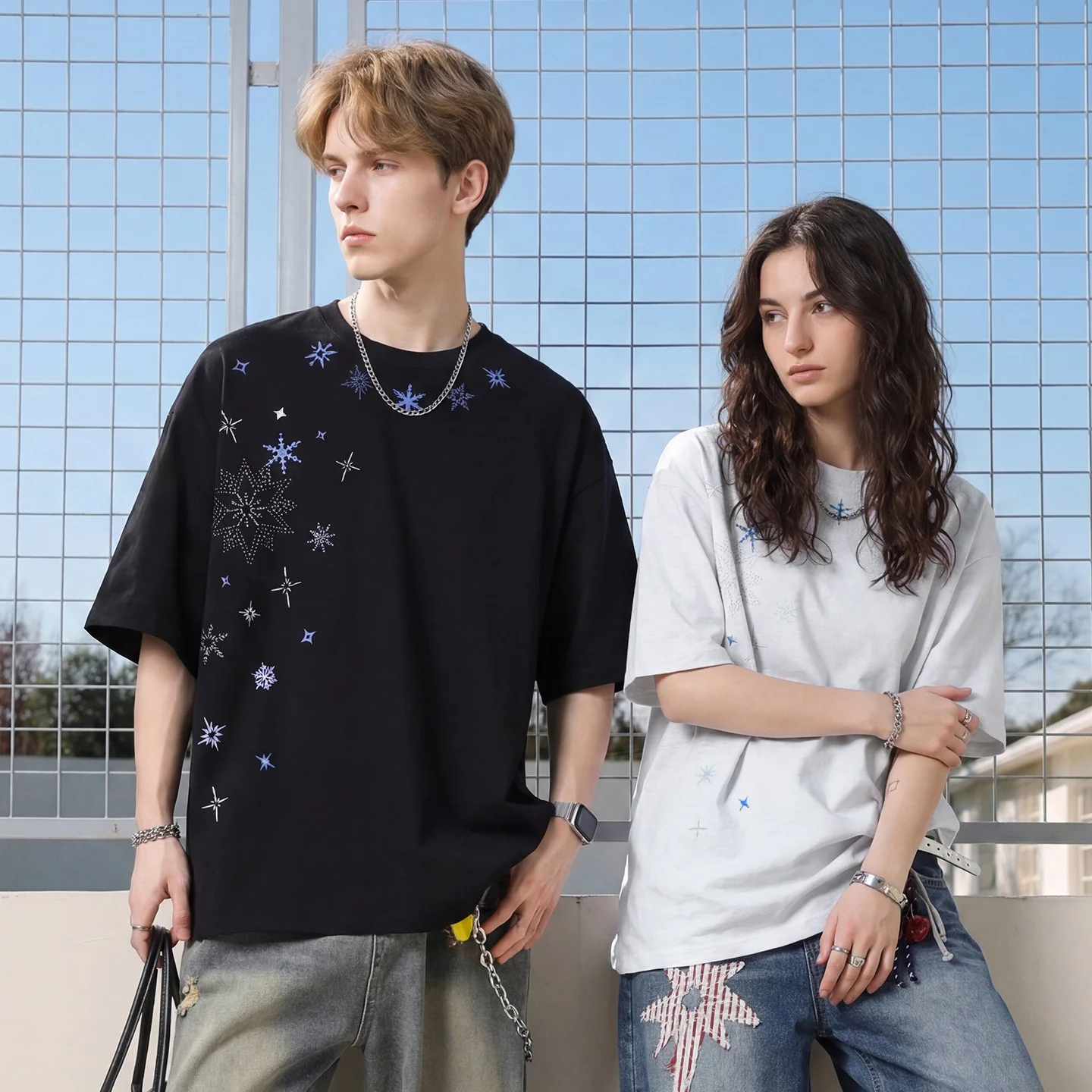 TFETTERS Summer Men Oversized Black T Shirt Side Gradient Blue Snowflake Embroidery Cotton Loose Half Sleeve Street Couple Tops