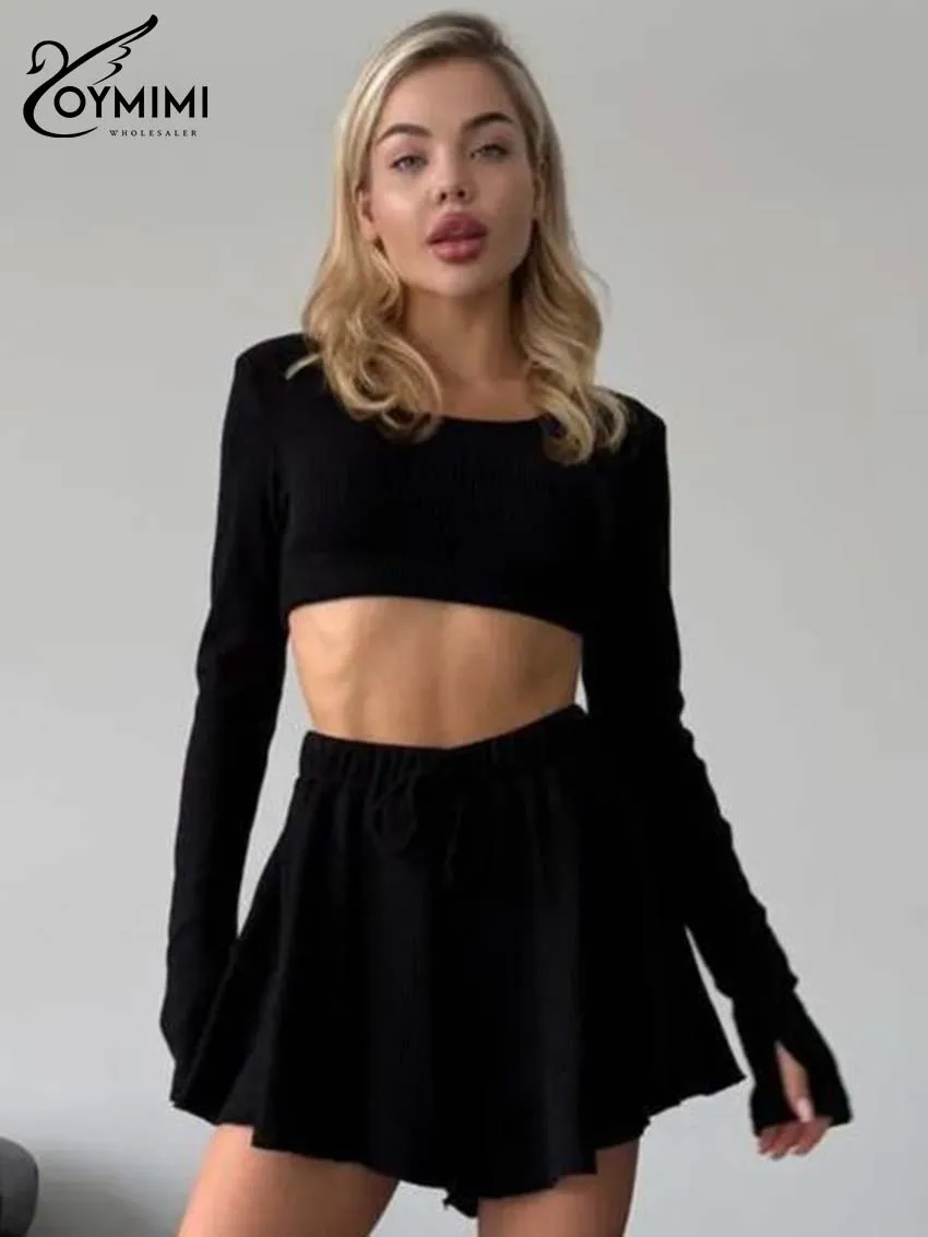 

Oymimi Fashion Black Slim Two Piece Outfits Woman Elegant O-Neck Long Sleeve Crop Tops And High Waisted Drawstring Shorts Sets