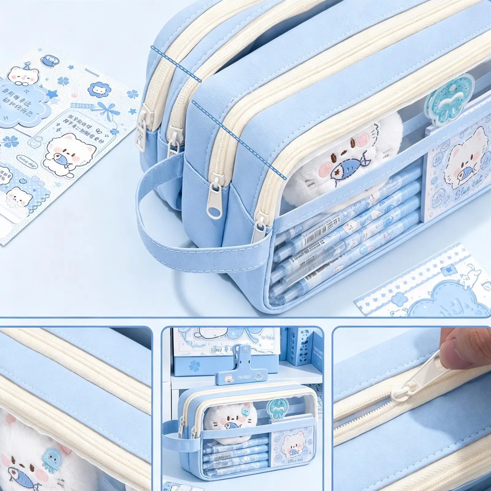 Canvas Pencil Bag Adorable Cat Themed Stationery Pack 5-layer Large Capacity School Pencil Case For Student Teen Girls Boys