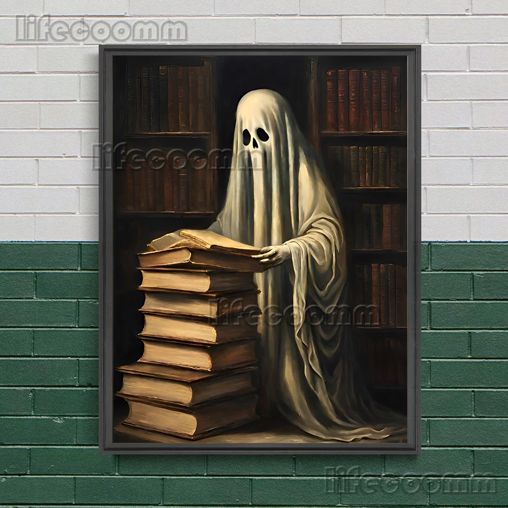 Ghost Librarian Abstract Wall Art Canvas Painting Ghost In A Library Vintage Art Gallery Poster And Print Home Decor Unframed