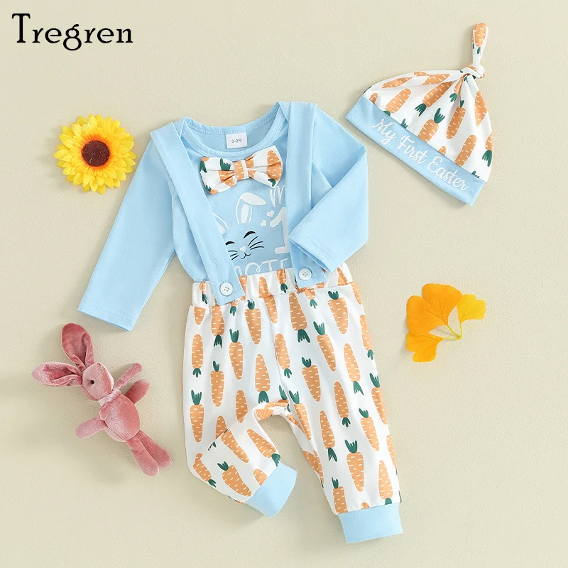 

Tregren 0-18M Infant Baby Boys Easter Outfit Long Sleeve Letter Bunny Print Romper Carrot Print Suspender Pants Hat Clothes Sets