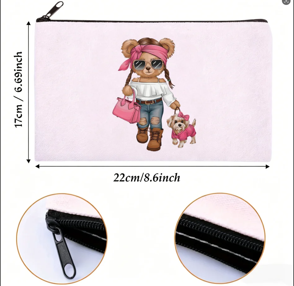 1PC Double-Side Print Trendy Fashion Bear With Small Dog Canvas Makeup Storage Zipper Bag