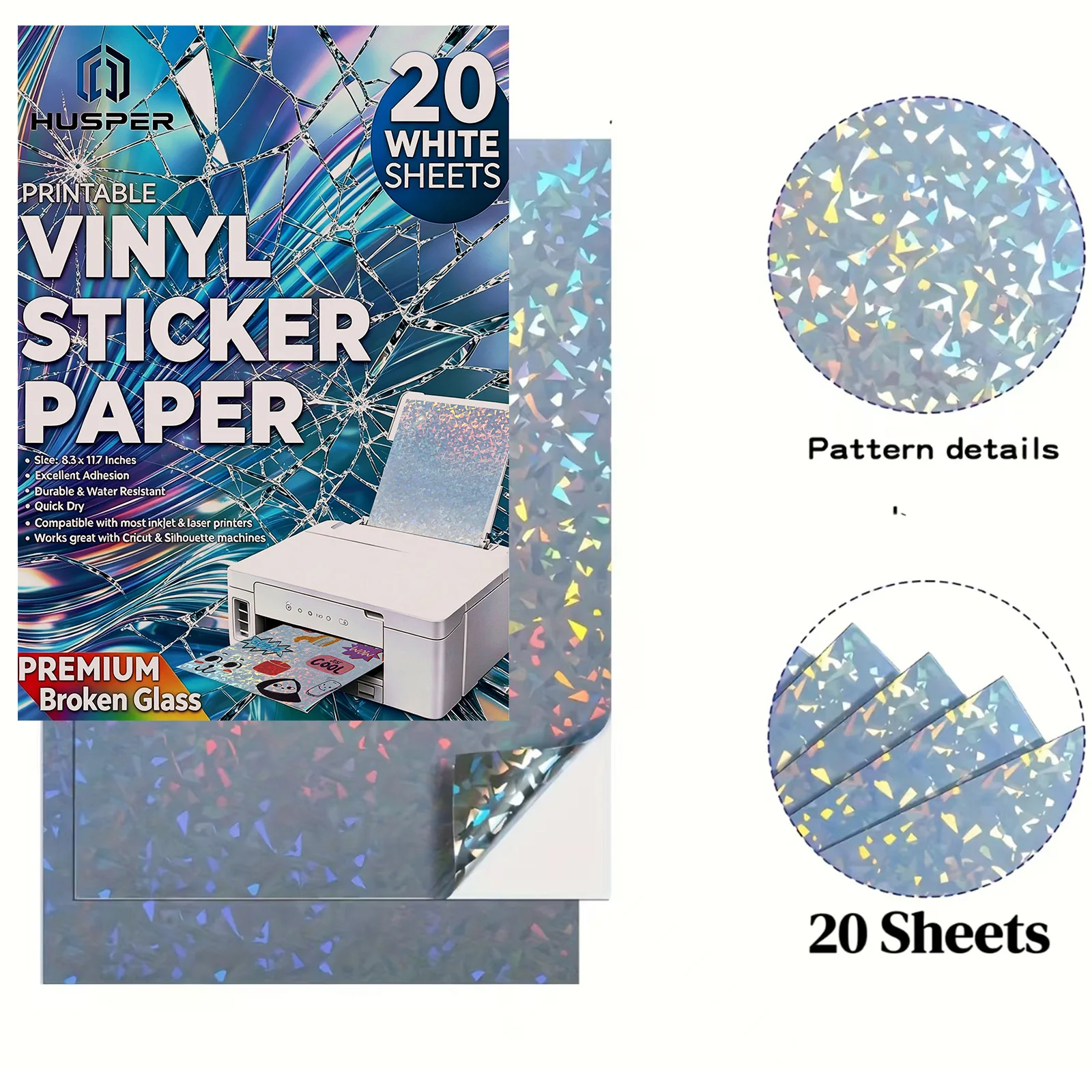HUSPER A4 Broken GlassHolographic Sticker Paper for Inkjet & Laser Printers, 20 Sheets Printable Vinyl Sticker Paper Waterproof