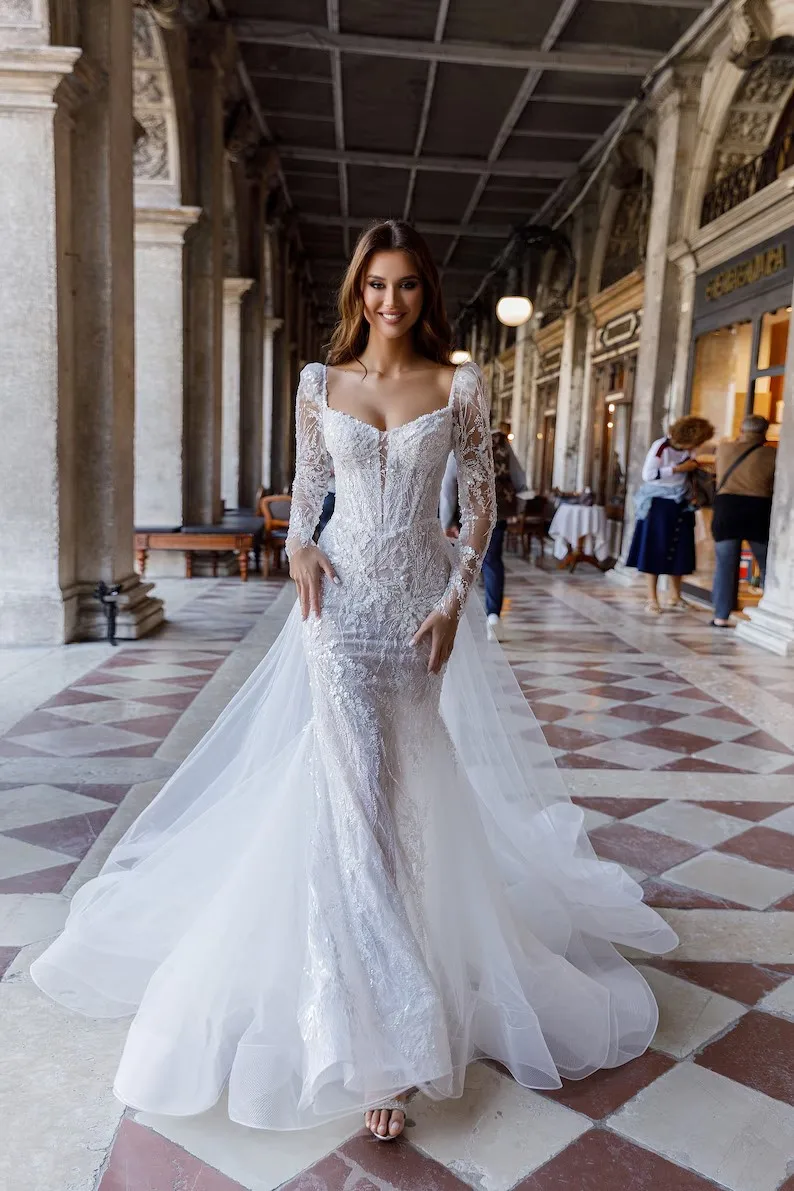 Vestidos De Noiva Luxo 2024 Novias Desmontables Vestido Sereia Novia Con Mangas Largas Lace Wedding Dress Boda Bespoke Civil