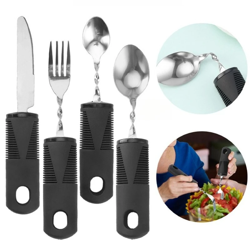 Stainless Steel Knife Fork Spoon Rubber Handle Auxiliary Tableware Adaptive Food Aid Elderly Anti Shake Knife Fork Spoon