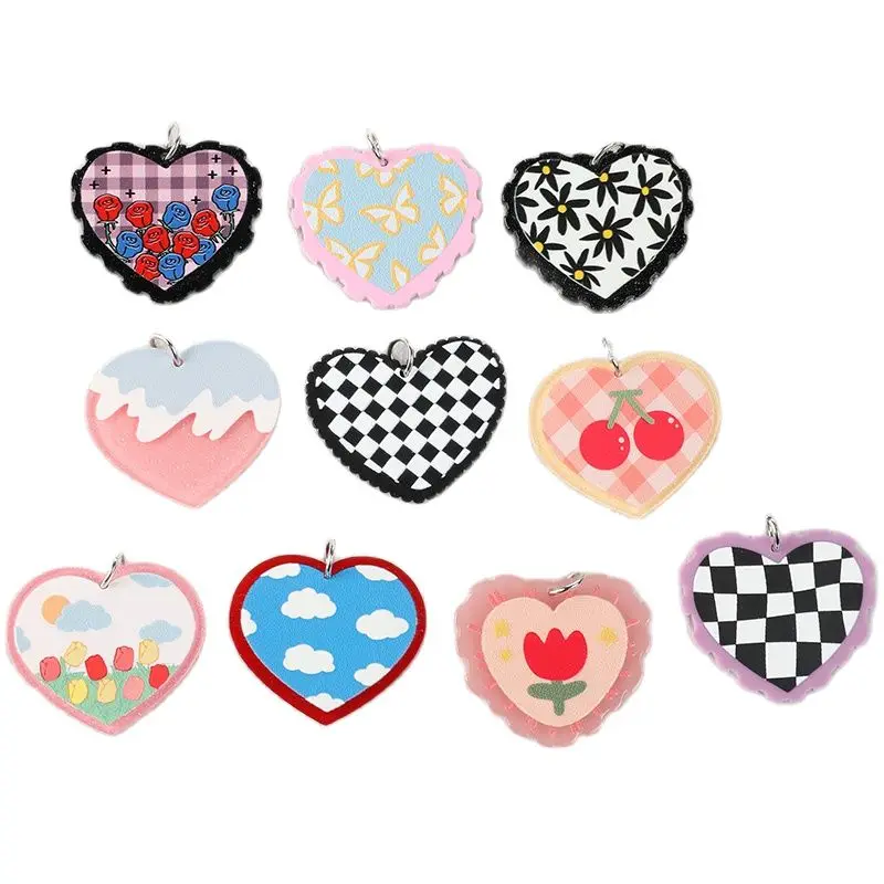 10 Pcs 38*33mm Acrylic Heart Charms Cute Flower Cherry Butterfly Clouds Pendant For Earring Keychain Necklace Diy Making