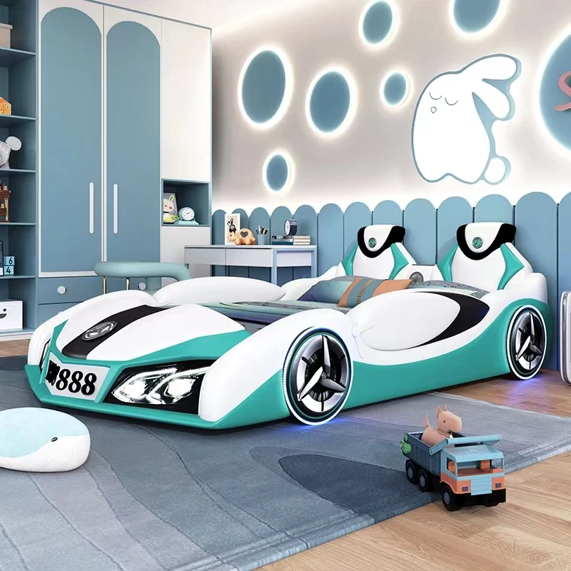 Car Double Bed With Guardrail Creative Leather Bed Kids Beds Girls for Boys Bedroom Furniture