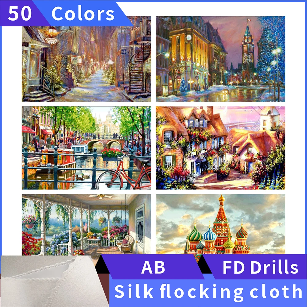 

50 Colors Diamond Painting Architectural Scenery Square Diamond Embroidery Rhinestone Diamond Mosaic Painting Cross Stitch