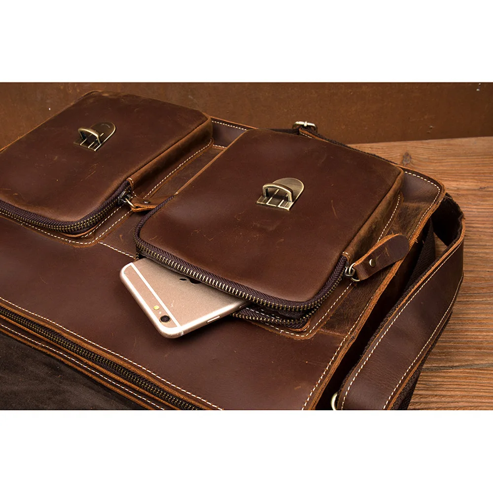 ZRCX Genuine Leathe Vintage Man Handbag Briefcase Men Shoulder Crazy Horse r Bags Brown Business Fashion 15.6 Inch Laptop Bag