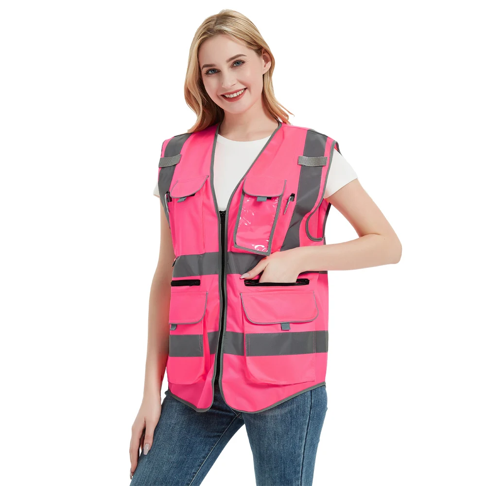 Pink Safety Vests for Women Working Safety Vest with Reflective Strips and Pockets High Vis Work Clothes