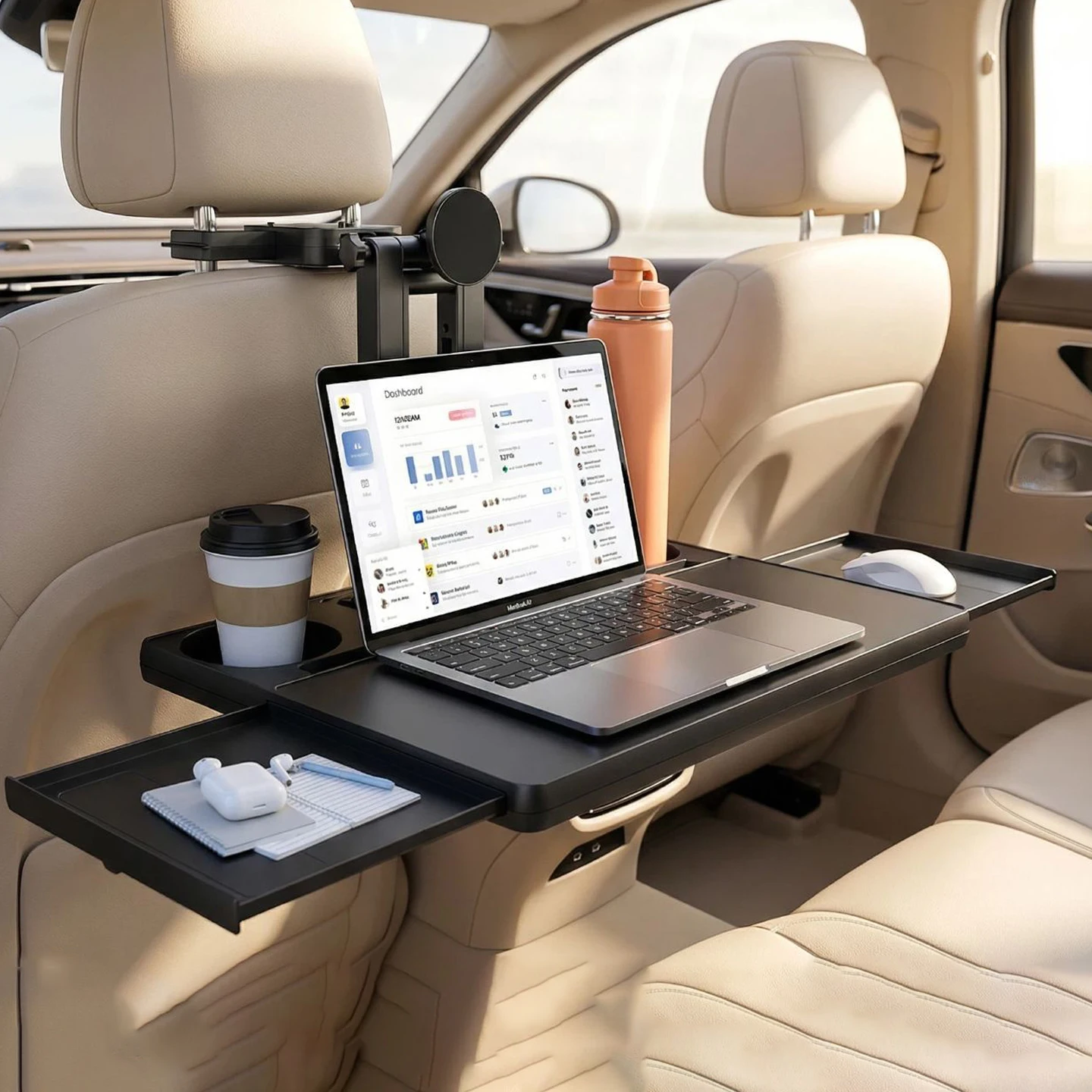 Mesa extensível para banco traseiro de carro, para laptop e jantar, almofada antiderrapante e suporte para dispositivo, perfeito para trabalho/comer, 
