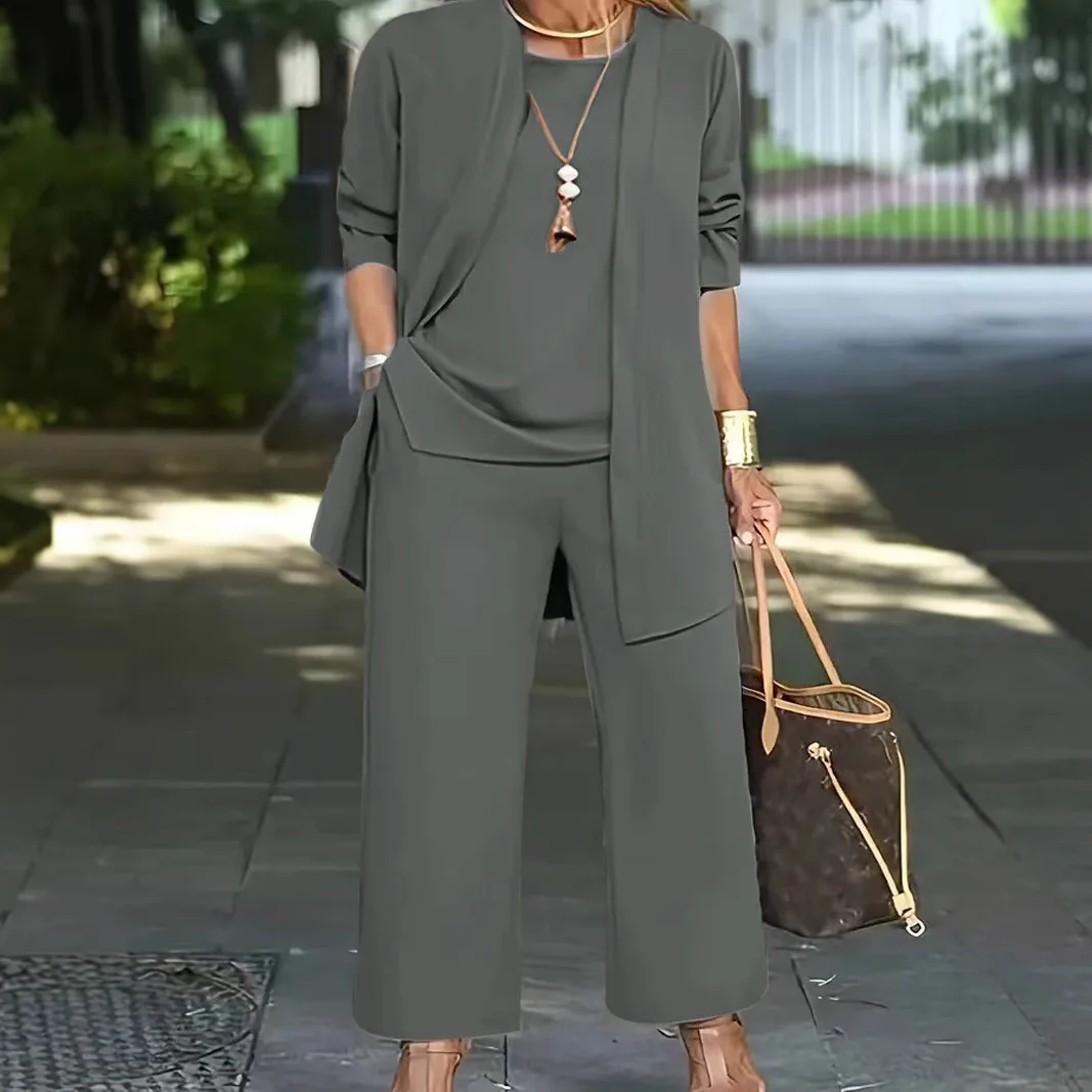 Casual O Neck Weste Strickjacke Drei Stück Set Elegante Einfarbig Lose Hosen Outfit Herbst Winter Mode Frauen Lange Ärmeln 2025