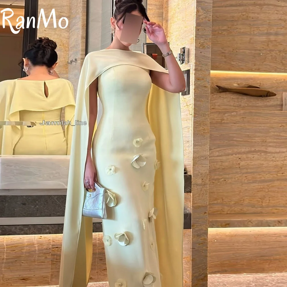 Ranmo 2025 Elegant Light Yellow Mermaid Evening Dresses Long Shawl 3D Flowers Dubai Arabic Customised Party Occasion Gowns