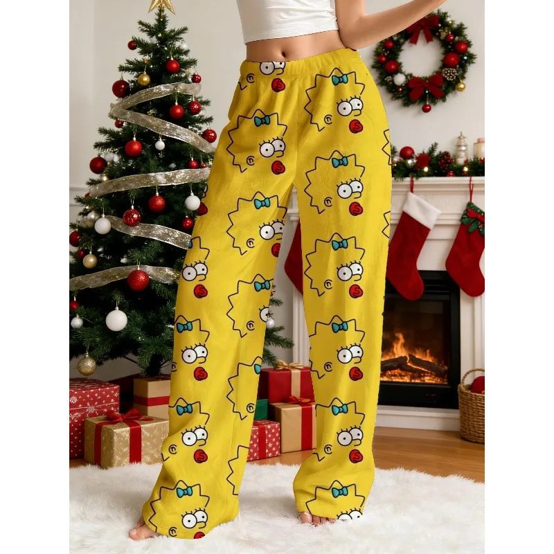 Pantalones de pijama con estampado de dibujos animados de The Simpsons Lisa Simpson para mujer, ropa de dormir de ocio con temática navideña para el hogar, pantalones para el hogar Y2k