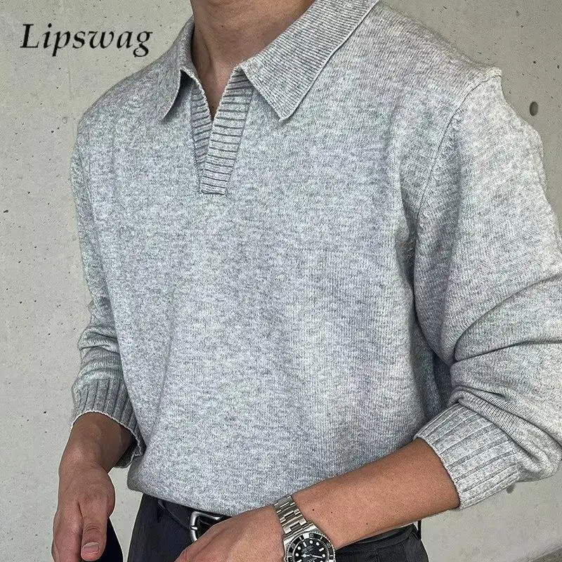 

Trendy Solid Color Slim Polo Shirts Mens Knitting Long Sleeve Lapel Slim Fit Sweaters Men Autumn Winter Casual Knitted Jumpers