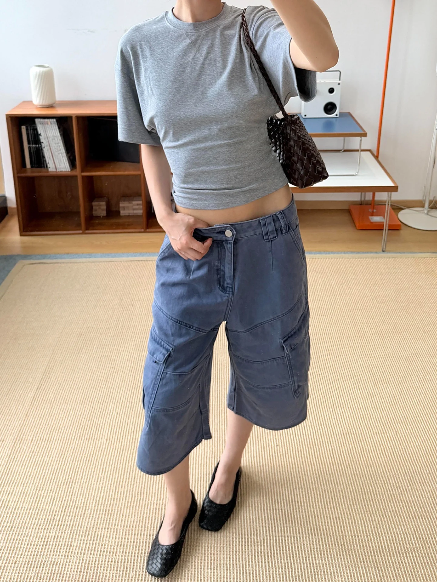 Retro American Washed Blue Multi-Pocket Workwear Seven-Foot Pants Loose Wide-Leg Jeans for Men And Women Street Style Slimming