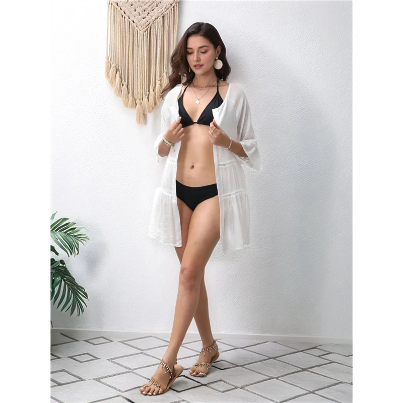 AG-Mulher verão botão para baixo camisa vestido oco mini vestido 3/4 manga sino vestido em camadas solto vestido de praia