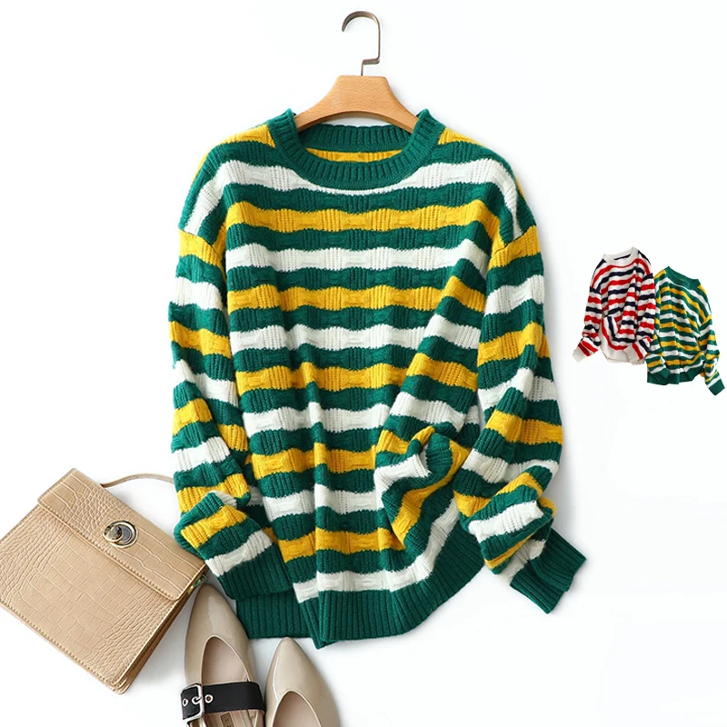 masigoch korean autumn winter new loose chic knitwear 7gg thick knit luxury 100% cashmere striped  sweater women