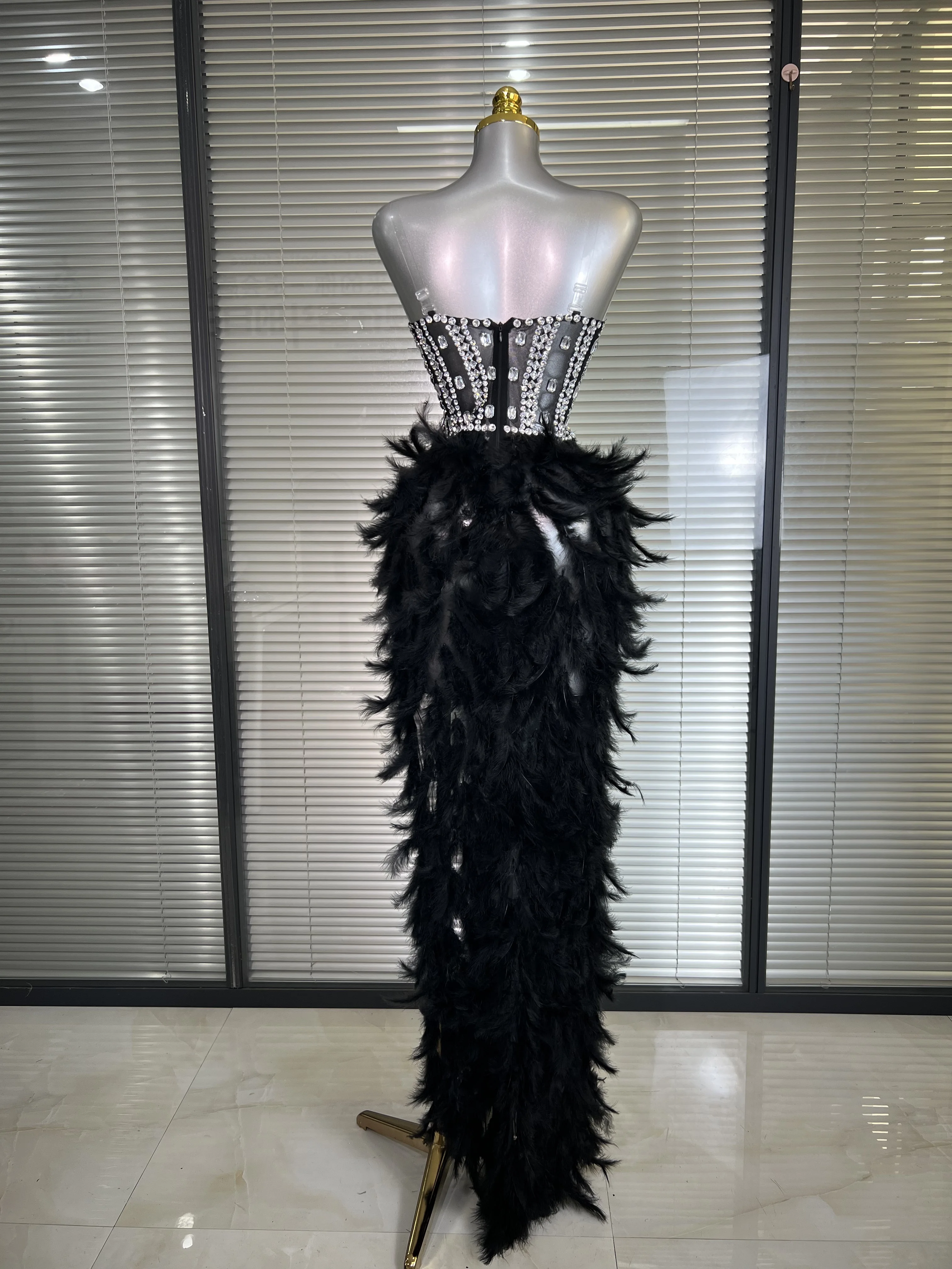 New Women Sexy Mesh Stretched Split Feathers Performance Costume Stage Black Nude High Stretchy Night Club Party Maxi Dress