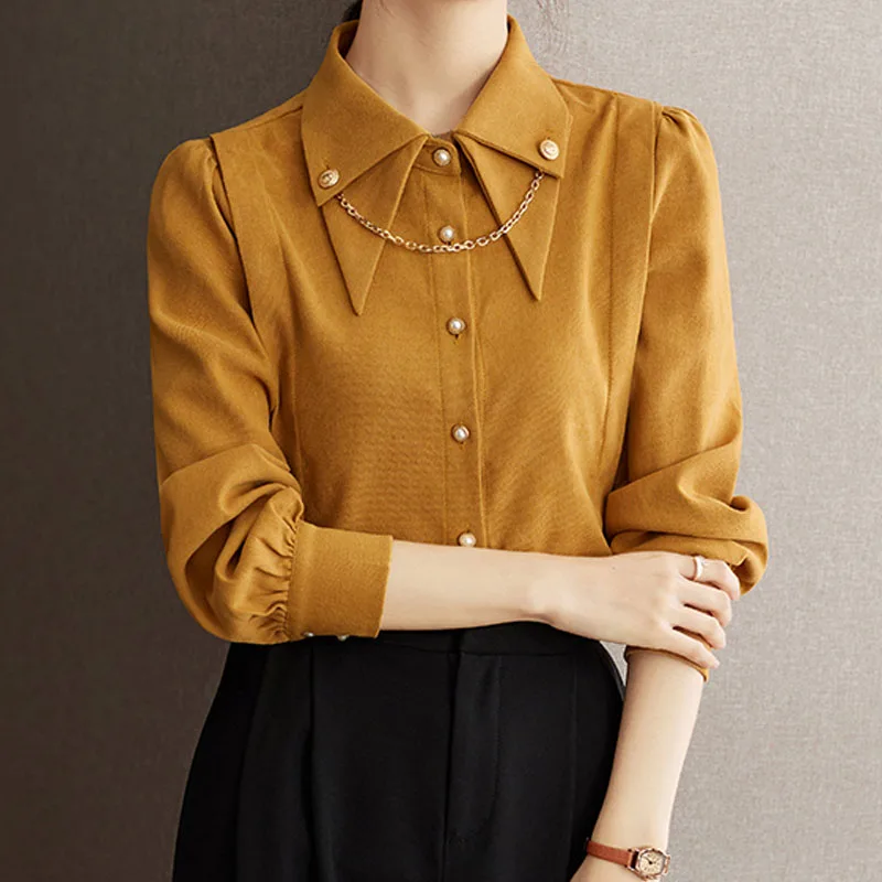 Women\'s Shirts Double Layered Collar Tops Commuting Style Chain Button Long Sleeve Elegant Temperament Blouse Women Shirts A603