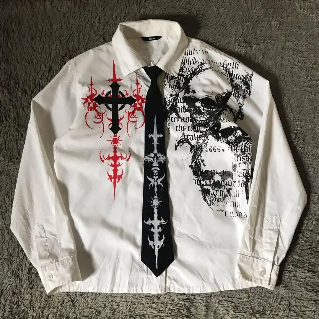 

Y2K Long Sleeves Shirt Breathable Retro Gothic WhiteT Shirt Harajuku Men Skull Holy Writ Letter Printing Tee Fashion Tops