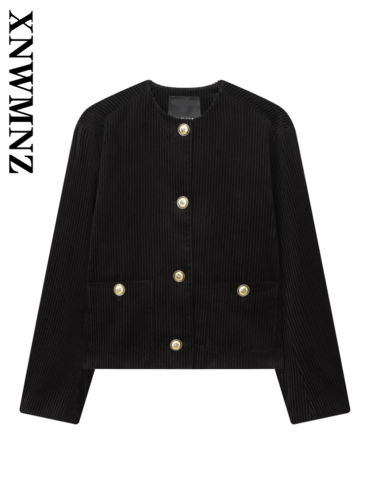 

XNWMNZ 2025 Autumn New Lady Chic Vintage Single-breasted O-Collar Coat Casual Woman Black Long Sleeve Jacket