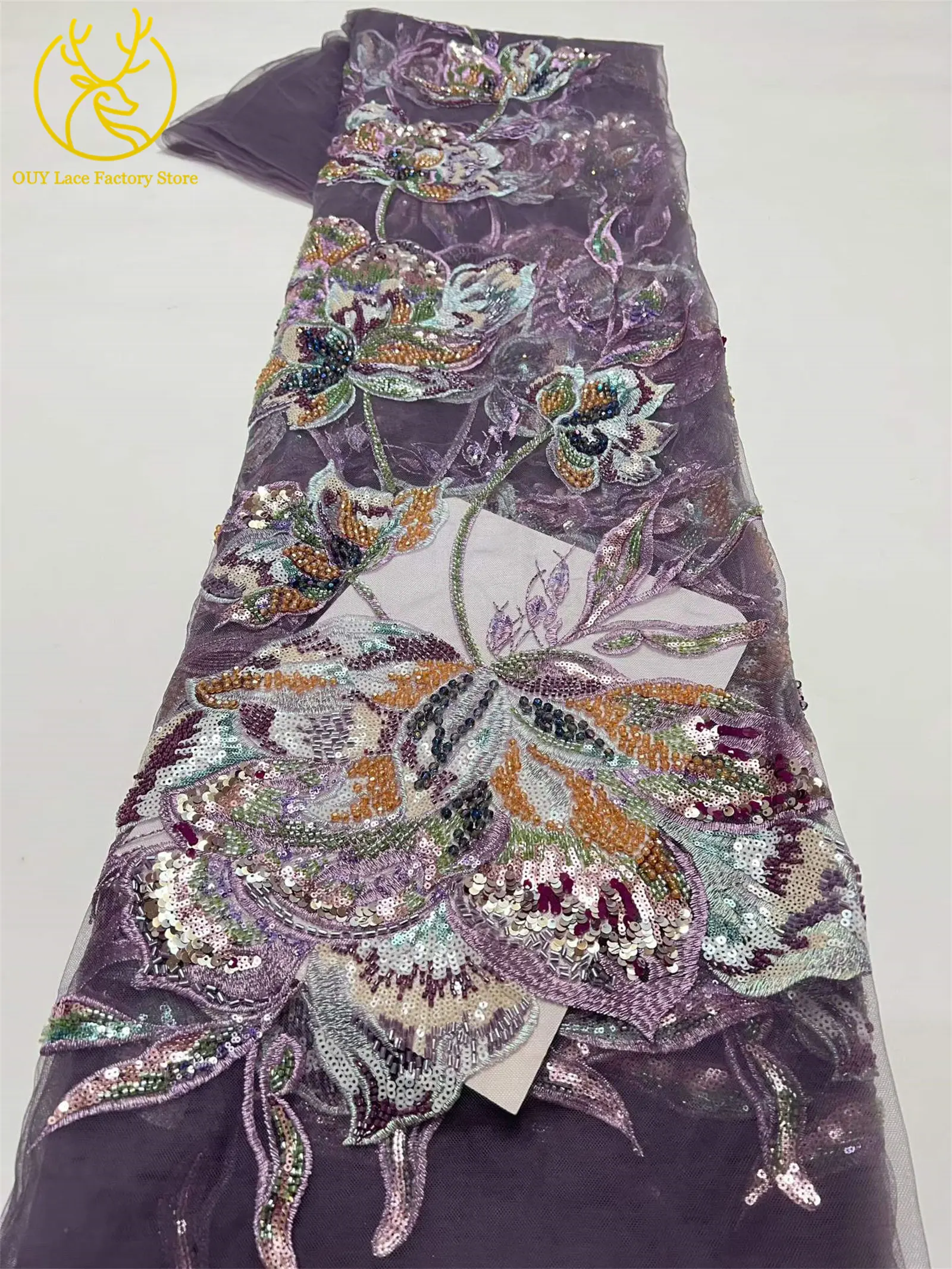 Luxuriöser afrikanischer Brautkleidstoff mit Stickerei, großen Blumen und Perlen, 5 Yards, hochwertiger französischer Pailletten-Spitzenstoff zum Nähen von Kleidern – Detail 15