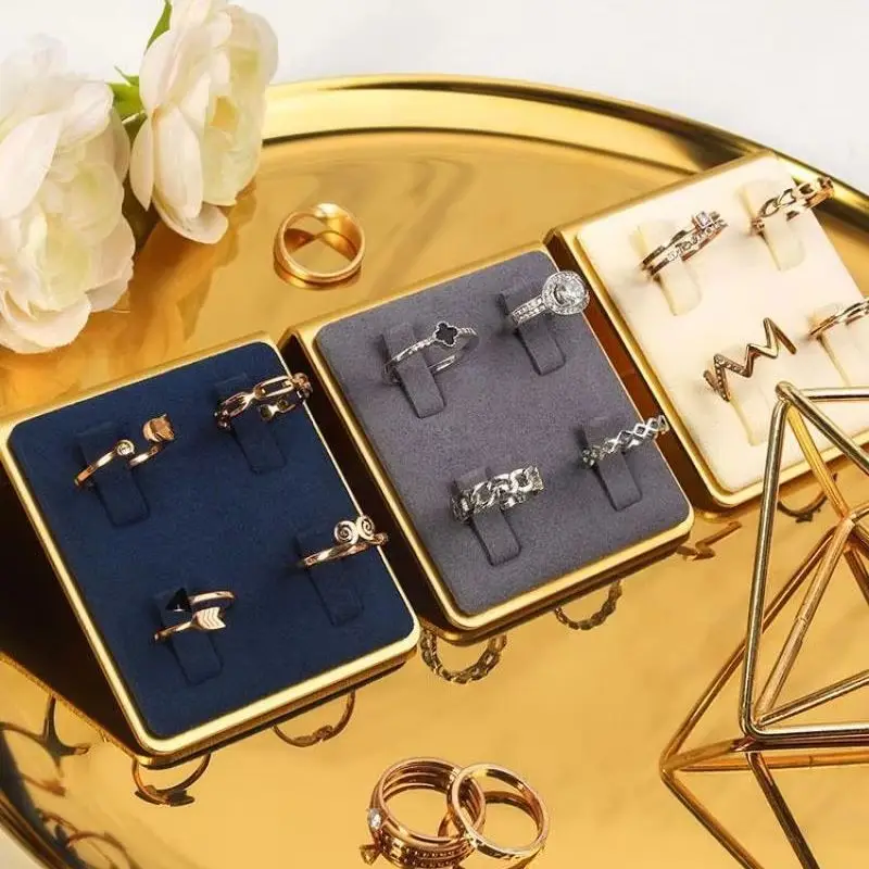 1PC Metal Microfiber Jewelry Display Stand with 4-Ring Holder Slanted Rectangular Design Multiple Styles for Jewelry Stores