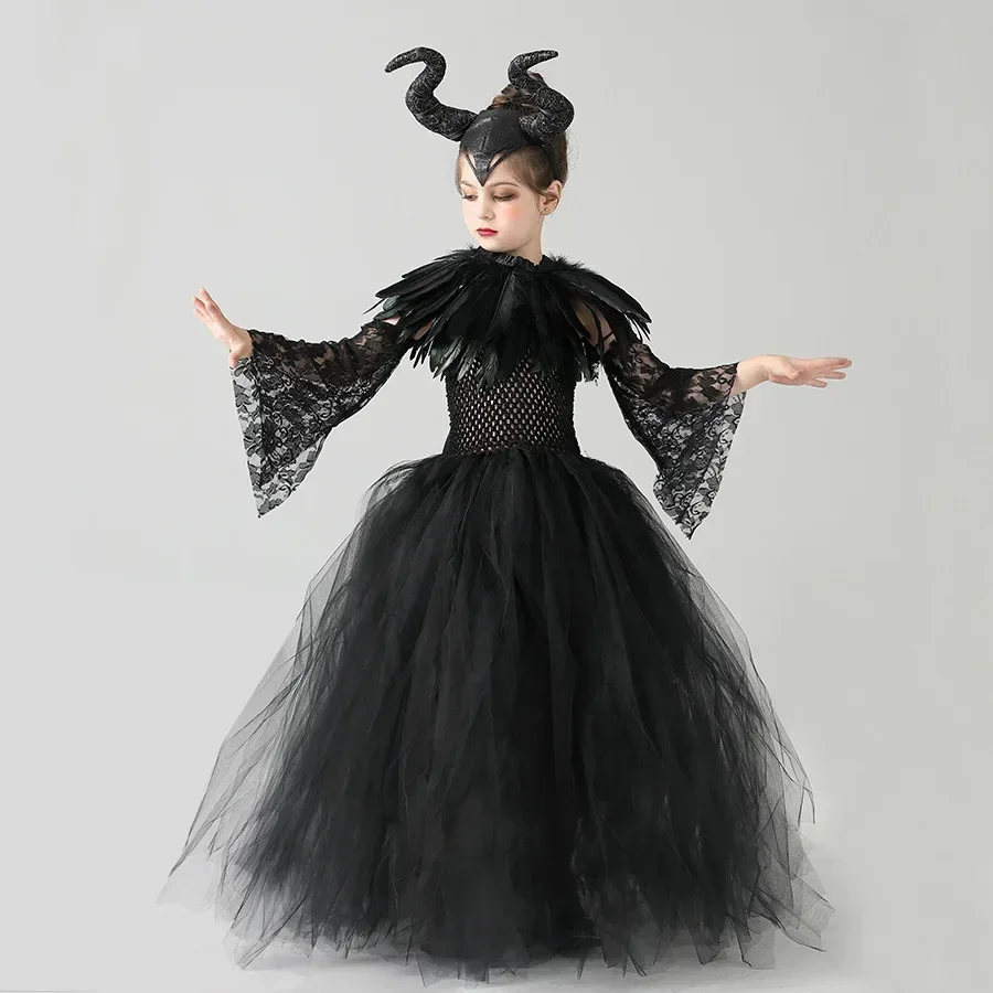 Halloween Mädchen Dunkles Cosplay Tutu-Kleid Kinder Teufel-Kostüm mit Flügeln, Horn-Stirnband und Zepter für Karneval und Kostümparty – Detail 3