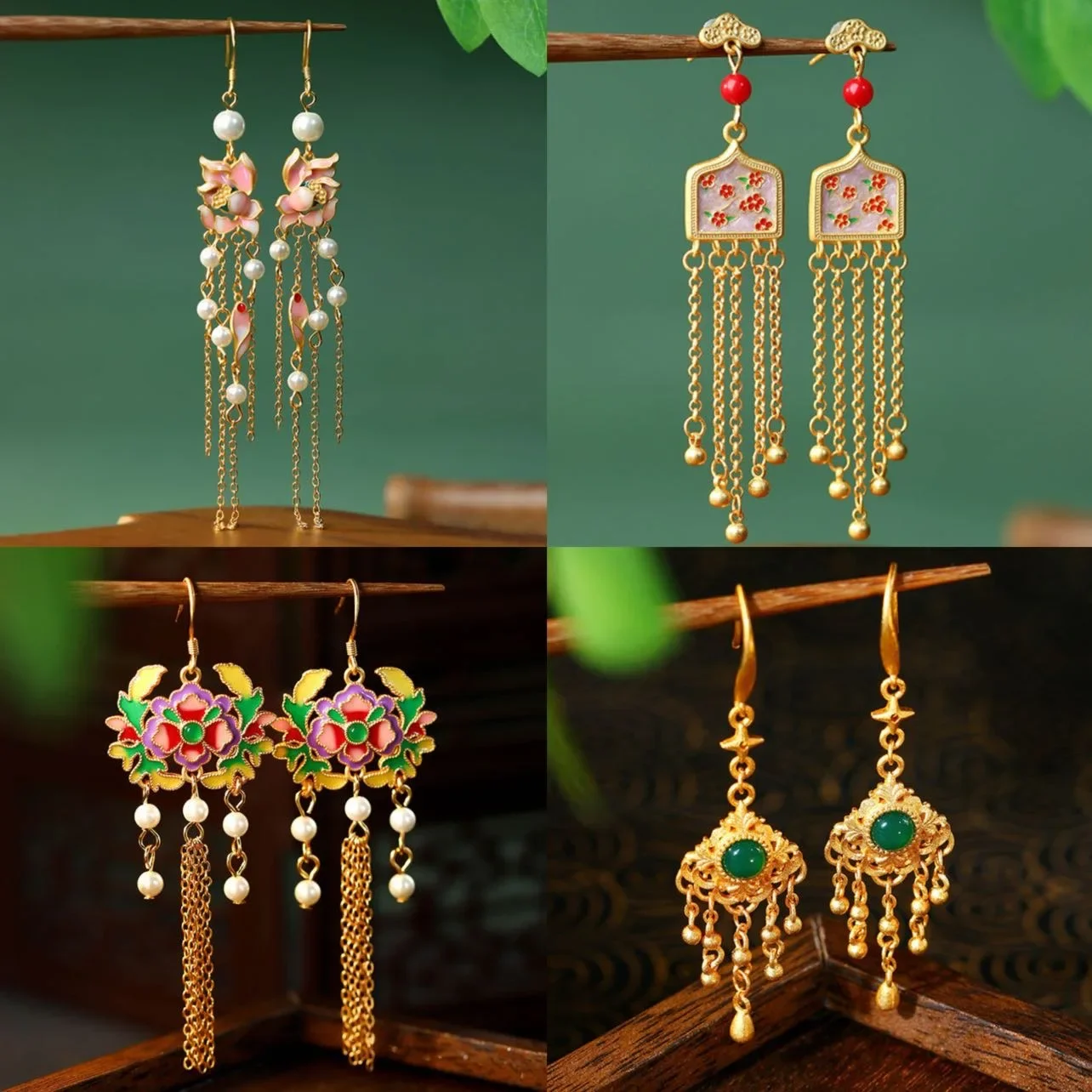 Ethnic Palace Style Flower Tassel Earrings for Women Hand-carved Peacock Blue Gold Color Inlay Gemstone Luxury Banquet Jewelry